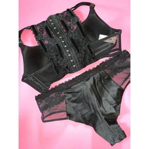 Victoria's Secret racerback 34C,34DDD BRA SET+M panty+ROBE SATIN BLACK embroider - Picture 5 of 7